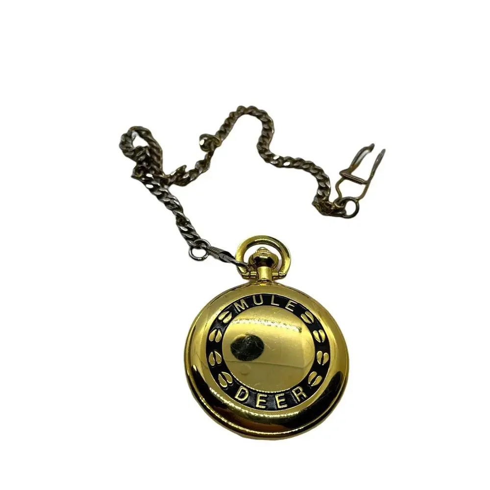 Pocket Watch Mule Deer Stag Majesti Quartz Japan Movt Mechanical Battery Gold